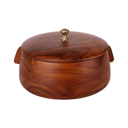 Round wooden roti box with a brass knob on the lid, designed with smooth curved edges. The box features a rich, polished finish in natural wood tones.