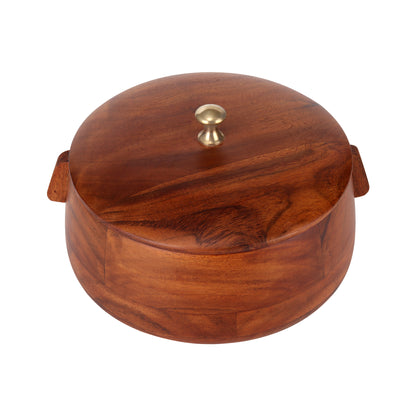 Round wooden roti box with a brass knob on the lid, designed with smooth curved edges. The box features a rich, polished finish in natural wood tones.