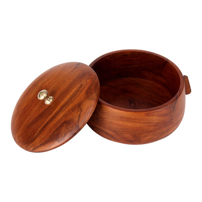 Round wooden roti box with a brass knob on the lid, designed with smooth curved edges. The box features a rich, polished finish in natural wood tones.