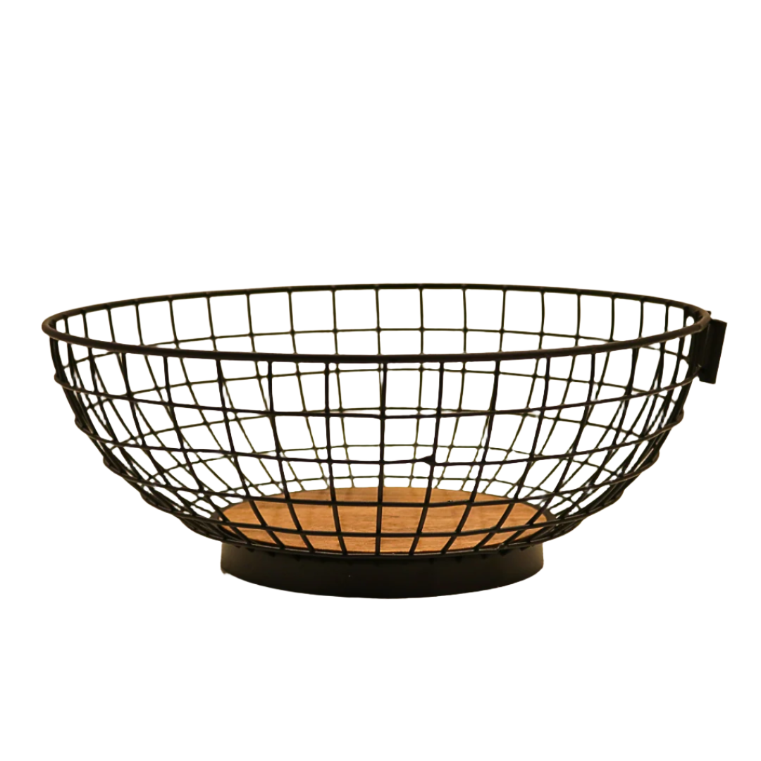 Iron wire banana basket with acacia wood base for modern fruit display