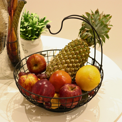 Iron wire banana basket with acacia wood base for modern fruit display