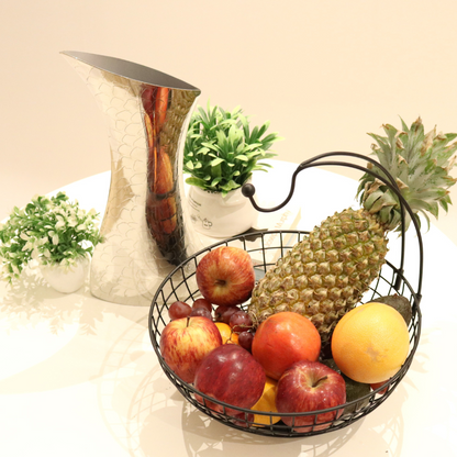 Iron wire banana basket with acacia wood base for modern fruit display