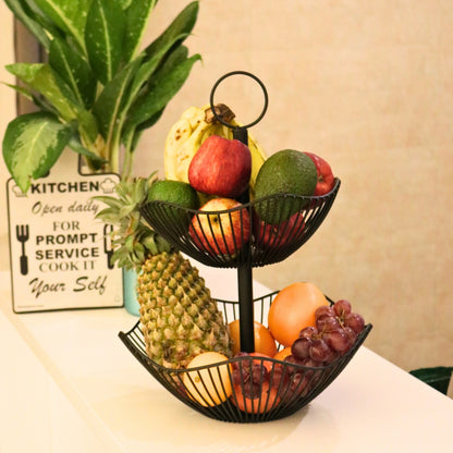 Elegant 2 Tier Fruit Basket with a gold electroplated finish, featuring a stylish and modern design with a sturdy base, perfect for displaying fresh fruits in a sophisticated home setting.