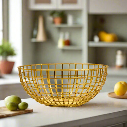 Elegant gold-plated iron fruit basket for luxury home decor.