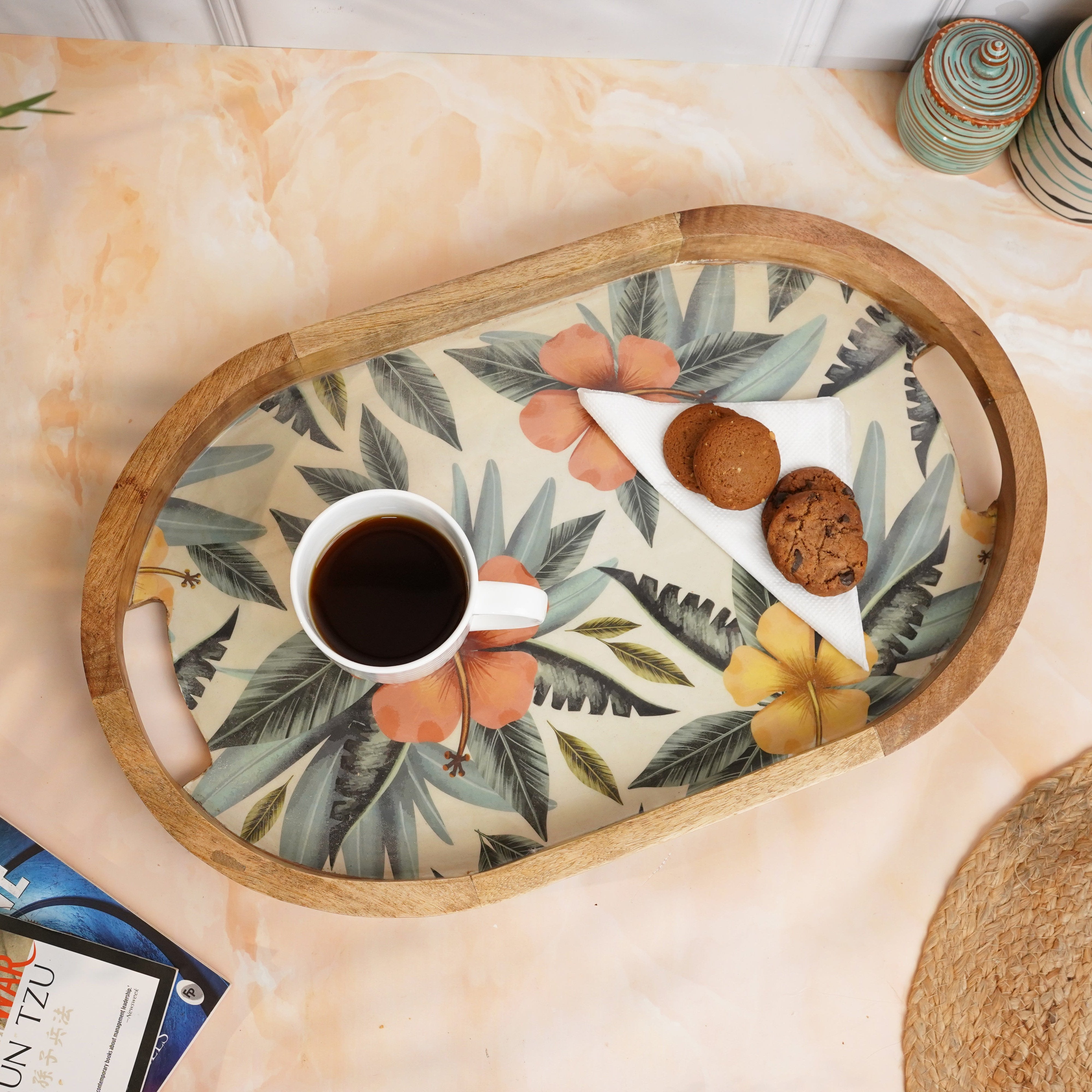 Linden Decor's Luxury RIGA Wooden Tray on Table with Cup of tea for serving & biscuits  